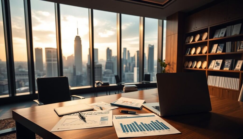 A sleek, modern office interior with large windows overlooking a bustling city skyline. In the foreground, a polished oak desk with a laptop, folders, and a pen set. On the desk, various financial documents and charts illustrating U.S. forex trading regulations. The lighting is warm and subdued, creating a professional, authoritative atmosphere. In the background, shelves of financial books and awards line the walls, conveying the expertise and credibility of the space. The camera angle is slightly elevated, looking down on the scene, giving a sense of oversight and authority.