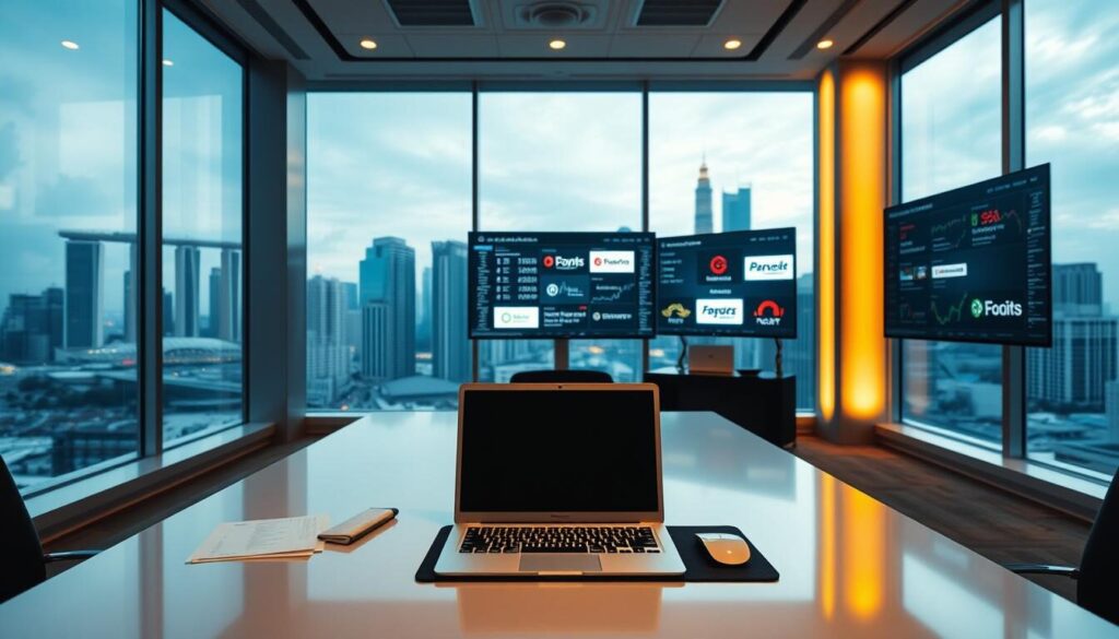 A sleek, modern office interior with large windows overlooking the iconic Singapore skyline. In the foreground, a polished, minimalist desk features a laptop, a clean mouse pad, and a few carefully placed financial documents. The middle ground showcases an array of high-end digital displays, showcasing real-time forex trading data and analytics. In the background, a wall-mounted screen displays a curated selection of top forex brokers in Singapore, their logos and branding prominently featured. Warm, indirect lighting casts a professional, yet inviting glow throughout the space. The overall atmosphere conveys a sense of productivity, innovation, and financial expertise.