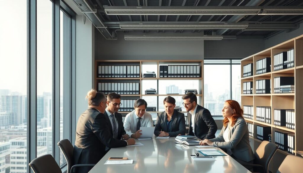 A sleek, modern office interior with natural light streaming through large windows. In the foreground, a team of business professionals gathered around a conference table, engaged in a discussion about financial regulations and compliance. Their expressions convey a sense of concentration and diligence. The middle ground features shelves lined with legal documents and binders, hinting at the meticulous attention to detail required in this field. The background showcases a cityscape through the windows, symbolizing the global nature of the financial industry and the importance of adhering to international standards. The overall scene exudes a professional, well-organized atmosphere, reflecting the rigorous requirements of financial regulation compliance.