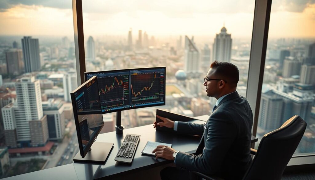 A sleek, modern office overlooking the Nairobi skyline, with two professional forex brokers discussing market trends on dual monitors. Soft, warm lighting illuminates the room, creating a sense of focus and productivity. In the background, a cityscape of skyscrapers and bustling streets, reflecting the dynamic nature of the Kenyan financial landscape. The brokers are dressed in sharp, tailored suits, exuding confidence and expertise. The scene conveys the blend of cutting-edge technology, savvy market knowledge, and the vibrant energy of Kenya's 2025 forex trading industry.