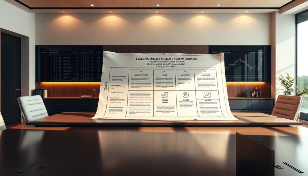 A sleek, modern office setting with a large desk showcasing a detailed blueprint-style diagram highlighting a methodical evaluation process for selecting high-quality forex brokers. The diagram features distinct sections outlining criteria such as regulatory compliance, trading platforms, customer support, and financial stability, all rendered in crisp, technical illustrations. The desk is illuminated by warm, directional lighting, casting subtle shadows that enhance the sense of depth and professionalism. In the background, a minimalist wall display depicts stock market data and charts, reinforcing the financial expertise conveyed by the central evaluation methodology.