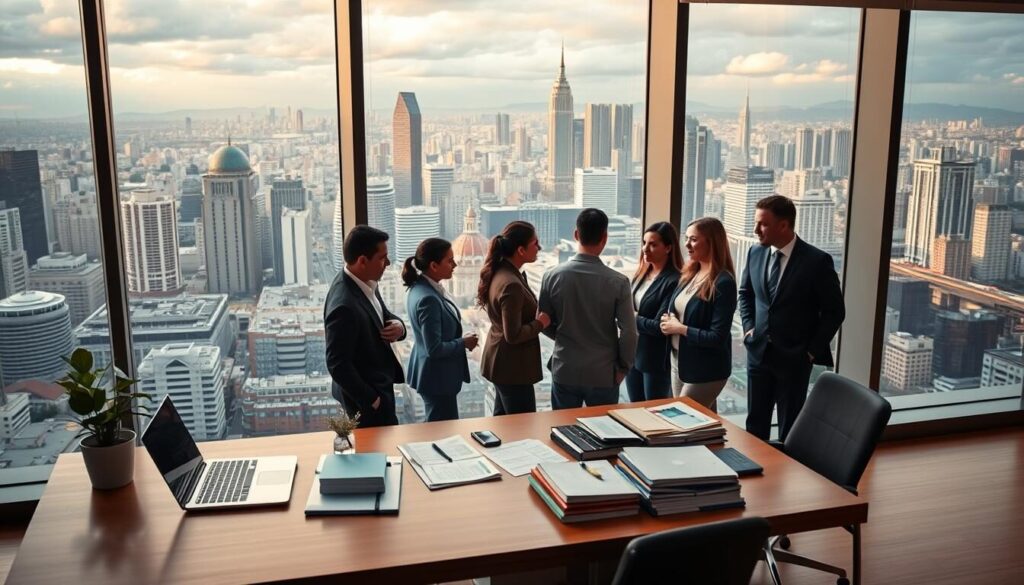 A sleek, modern office setting with a large panoramic window overlooking the bustling cityscape of São Paulo, Brazil. In the foreground, a wooden desk with a laptop, various financial documents, and a potted plant. The middle ground features several well-dressed professionals engaged in lively discussions, representing the diverse clientele of the top-tier forex brokers. The background showcases the iconic skyscrapers and landmarks of the Brazilian financial district, bathed in warm, golden lighting that creates a sense of prosperity and opportunity. The overall atmosphere conveys the expertise, reliability, and international reach of the leading forex brokers serving the Brazilian market.