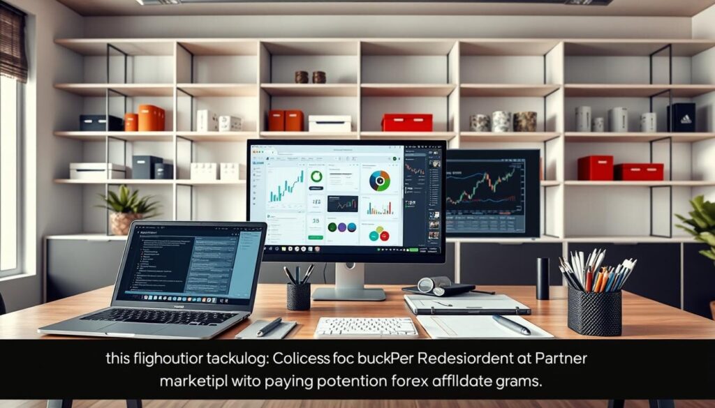 A sleek, modern office workspace with a large desk showcasing a variety of partner marketing tools. In the foreground, a laptop, a tablet device, and various branded stationery items like pens and notepads. In the middle ground, a desktop computer monitor displaying analytics dashboards and collaboration software. The background features minimalist shelving with product packaging and branded merchandise. The lighting is bright and natural, creating a professional and productive atmosphere. The composition emphasizes the seamless integration of various partner marketing technologies, reflecting the high-paying potential of forex affiliate programs.