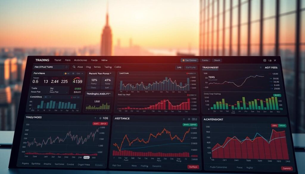 A sleek, modern trading dashboard with a focus on detailed analytics of trading fees, spreads, and commissions. The foreground displays a series of interactive charts and graphs, showcasing key metrics such as fee structures, historical trends, and comparative analysis across different asset classes. The middle ground features a clean, minimalist user interface with customizable widgets and toggles, allowing the user to drill down into specific data points. The background depicts a softly blurred cityscape, hinting at the global, interconnected nature of the financial markets. Warm, natural lighting casts a subtle glow, creating a professional, authoritative atmosphere. The overall composition strikes a balance between form and function, delivering a visually appealing and informative trading fees analysis.