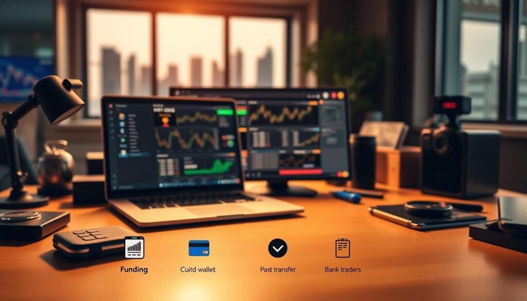 A sleek, modern trading desk with a laptop displaying a financial dashboard, surrounded by a carefully curated array of trading instruments and tools. The lighting is warm and focused, creating a professional yet inviting atmosphere. In the foreground, various methods of funding the trading account are showcased, including a digital wallet, credit card, and bank transfer options, all seamlessly integrated into the interface. The middle ground features a clean, minimalist design aesthetic, while the background subtly hints at the broader financial landscape, with a cityscape or stock market charts visible through a window. The overall composition conveys a sense of efficiency, security, and the smooth integration of funding mechanisms into the trading experience.