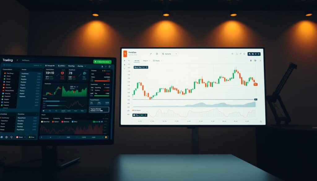 A sleek, modern trading interface with a clean, intuitive layout. In the foreground, a user-friendly dashboard displays real-time market data, trading tools, and customizable order flow. The middle ground features a streamlined charting system with advanced technical analysis indicators, allowing for seamless market monitoring. The background showcases a minimalist, high-contrast design with subtle gradients and clean typography, creating a sense of focus and efficiency. Warm, diffused lighting casts a gentle glow across the interface, enhancing the overall user experience. The composition is carefully balanced, with elements strategically placed to optimize workflow and decision-making.