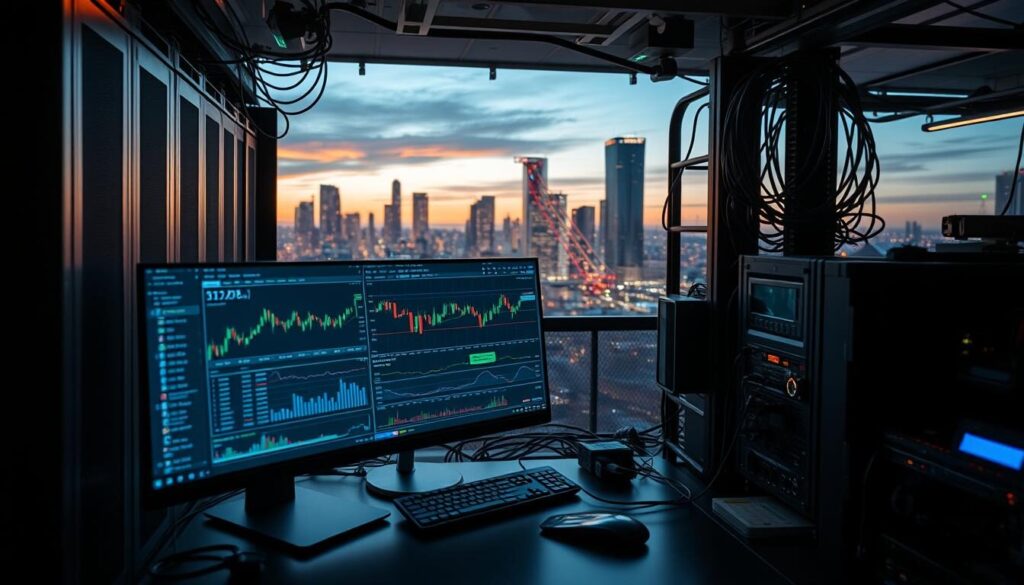 A sleek, modern trading platform displayed on a high-resolution display, surrounded by cutting-edge technology like servers, cables, and networking equipment. The scene is bathed in a warm, focused lighting, creating a sense of professionalism and expertise. The platform's user interface is intuitive and visually appealing, showcasing real-time market data and advanced charting tools. In the background, a cityscape skyline can be seen, hinting at the global reach and connectivity of the trading system. The overall atmosphere conveys a sense of power, efficiency, and the seamless integration of technology in the world of financial markets.