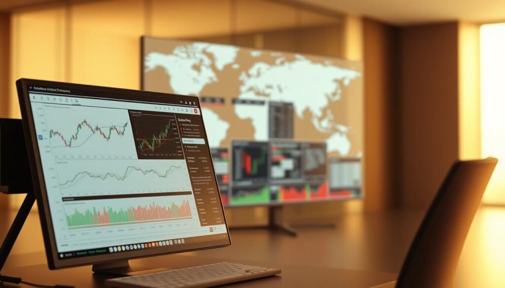 A sleek, modern trading platform interface, its minimalist design showcasing a range of features. In the foreground, a clean, intuitive dashboard with adjustable charts, technical indicators, and order execution tools. In the middle ground, a multitude of customizable windows and panels, allowing traders to monitor market data, news, and their portfolios. The background subtly suggests the global nature of the platform, with a softly blurred world map or financial data visualizations. Warm, neutral lighting creates a professional, focused atmosphere, while smooth, high-quality rendering techniques lend a sense of sophistication and polish to the scene.