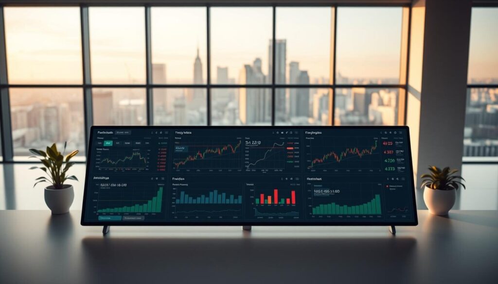 A sleek, modern trading platform interface set against a backdrop of a serene, minimalist office environment. In the foreground, a clean, intuitive dashboard displays real-time market data, trading tools, and customizable charts. The middle ground features a range of advanced order management panels, allowing for precise control and analysis. In the background, large windows offer a view of a cityscape, bathed in warm, natural lighting that casts a tranquil ambiance throughout the scene. The overall composition conveys a sense of efficiency, sophistication, and user-friendliness, perfectly suited for the discerning trader.