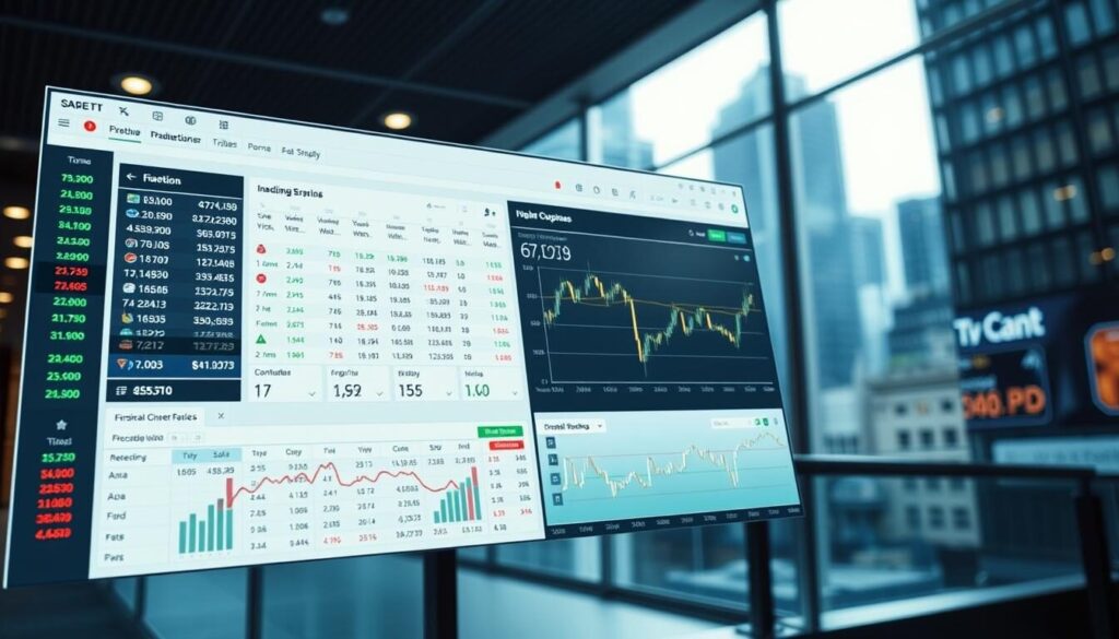 A sleek, modern trading platform interface showcasing a range of financial instruments and data visualizations. The foreground displays an intuitive dashboard with real-time stock prices, market indicators, and customizable charts. The middle ground features a clean, minimalist design with a focus on ease of use, allowing the user to quickly execute trades and monitor their portfolio. The background subtly incorporates a cityscape or financial district, conveying a sense of the global marketplace. The lighting is soft and natural, creating a calming, professional atmosphere. The camera angle is slightly elevated, providing an overview of the platform's functionality and layout.