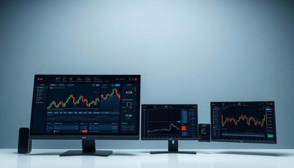 A sleek, modern trading platform interface with a clean, minimalist design. The foreground features a large, high-resolution display showing real-time market data, charts, and trading tools. In the middle ground, there are various customizable widgets and panels, allowing the user to personalize their workspace. The background has a subtle, textured gradient in muted tones of blue and gray, creating a sense of depth and professionalism. The lighting is bright and even, with soft shadows accentuating the various UI elements. The camera angle is slightly elevated, giving the viewer a comprehensive overview of the platform's capabilities and user-friendly layout.