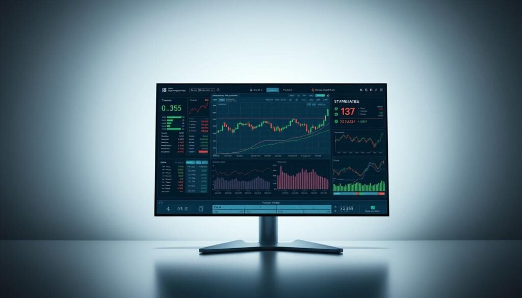 A sleek, modern trading platform interface with a clean, minimalist design. The main panel displays real-time market data, charts, and trading tools against a neutral gray background. In the foreground, crisp icons and intuitive controls allow the user to seamlessly execute trades, manage orders, and monitor their portfolio. The middle ground features interactive graphs and visualizations, providing in-depth analysis and performance insights. In the background, a soft, indirect lighting illuminates the screen, creating a professional, focused atmosphere. The overall composition conveys a sense of control, efficiency, and cutting-edge technological sophistication tailored for the discerning trader.