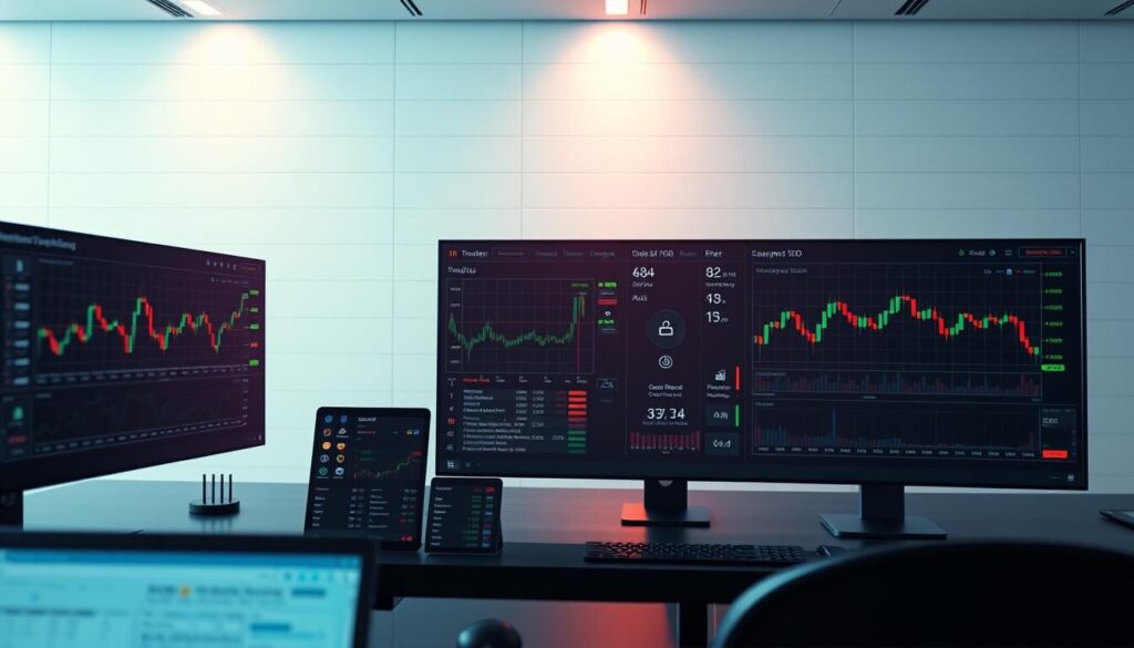 A sleek, modern trading platform with a clean, intuitive interface. In the foreground, various tools and widgets such as candlestick charts, order management panels, and portfolio trackers. In the middle ground, an array of customizable indicators, alerts, and analysis tools. The background features a minimalist, high-contrast design with subtle grid lines and a futuristic aesthetic. Soft, directional lighting casts a warm glow, creating a sense of focus and professionalism. The overall atmosphere conveys efficiency, power, and the cutting edge of financial technology.