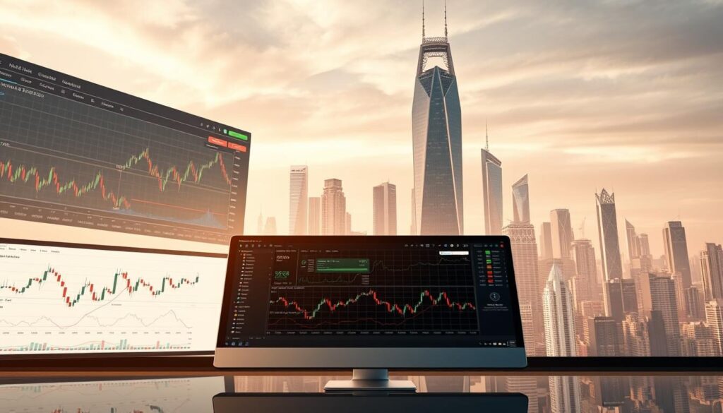A sleek, modern trading platform with a clean, intuitive interface. The foreground features various chart types, technical indicators, and order execution tools. The middle ground showcases real-time market data, news feeds, and customizable dashboards. The background depicts a futuristic cityscape with towering skyscrapers, reflecting the global nature of the forex market. The scene is illuminated by a warm, soft lighting, creating a professional and sophisticated atmosphere. The entire composition conveys a sense of power, precision, and control - the essential elements of a successful forex trading experience.