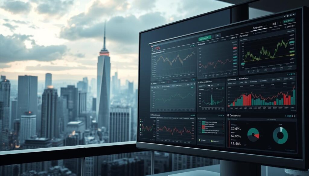 A sleek, modern trading platform with a user-friendly interface. The foreground displays various trading tools and features, such as real-time charts, market data, and order management functions. The middle ground showcases customizable dashboards and performance analytics, allowing traders to monitor their account activity. In the background, a cityscape with towering skyscrapers and a vibrant, dynamic atmosphere sets the scene, conveying the energy and excitement of the financial markets. Soft, directional lighting creates depth and highlights the key elements, while a neutral color palette provides a clean, professional look. The overall composition emphasizes the comprehensive, state-of-the-art trading capabilities of the platform.