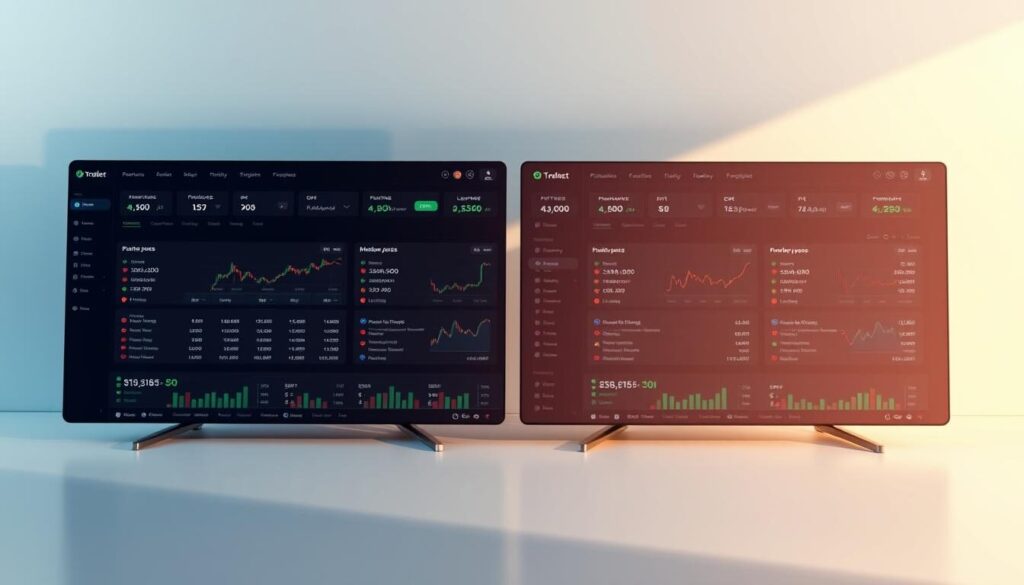 A sleek, modern trading terminal interface depicting a side-by-side comparison of various account types. In the foreground, a well-designed dashboard showcases the distinct features and benefits of each account, such as minimum deposit, leverage, spread, and platform access. The middle ground features dynamic charts and analytical tools, reflecting the capabilities of the trading platforms. The background is a clean, minimalist design with subtle branding elements, creating a professional and trustworthy atmosphere. Soft, directional lighting illuminates the interface, accentuating the clarity and attention to detail. The overall composition conveys a sense of informed decision-making and the ability to tailor the trading experience to the user's needs.
