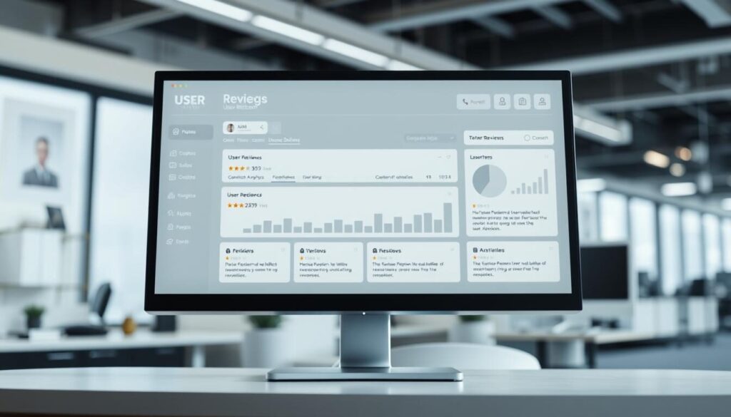 A sleek, modern user reviews dashboard displayed on a high-resolution computer monitor. The dashboard features a clean, minimalist design with a neutral color scheme of grays and whites. In the foreground, a series of user review cards are neatly arranged, showcasing star ratings, sentiment analysis, and brief excerpts of customer feedback. The middle ground features an interactive data visualization, such as a bar chart or pie chart, providing an overview of the overall user sentiment. The background features a soft, blurred office scene, with a glimpse of a desk and office equipment, conveying a professional, corporate atmosphere. The lighting is soft and diffused, creating a pleasant, welcoming ambiance. The camera angle is positioned slightly above the dashboard, creating a sense of authority and attention to detail.