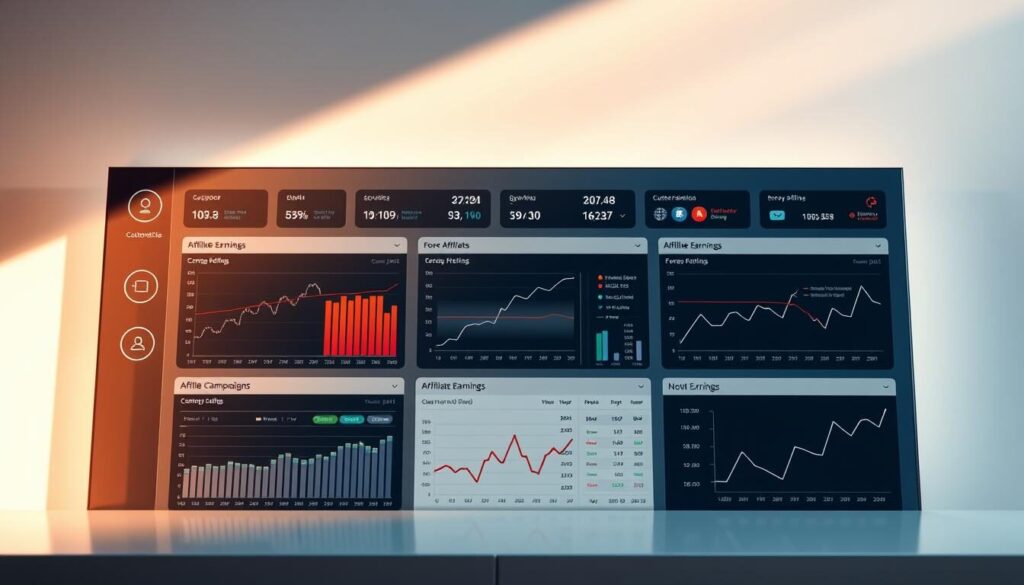 A sleek, professional-looking dashboard displays a range of tools and metrics relevant to a Forex affiliate's business. The foreground showcases various interactive graphs, charts, and data visualizations tracking key performance indicators such as conversion rates, click-through rates, and revenue. The middle ground features customizable widgets for managing affiliate campaigns, tracking affiliate referrals, and monitoring affiliate earnings. The background depicts a clean, minimalist interface with a neutral color palette, subtle gradients, and a hint of metallic accents, creating an atmosphere of sophistication and efficiency. Soft, directional lighting emanates from the top, casting a warm glow across the dashboard, accentuating the clarity and precision of the data presented.