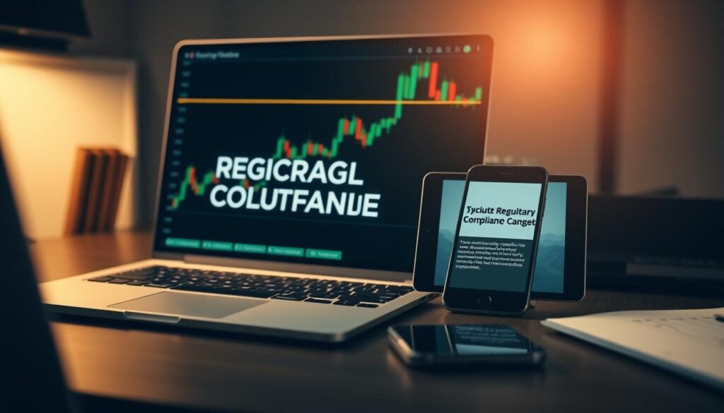 A sleek, professional-looking desktop scene with a laptop, tablet, and smartphone displaying regulatory compliance information related to the forex market. The lighting is soft and warm, creating a sense of trust and reliability. In the background, a financial chart or graph provides context, while subtle patterns or textures add visual interest. The overall composition conveys a sense of order, security, and attention to detail, reflecting the importance of regulatory compliance in the forex industry.