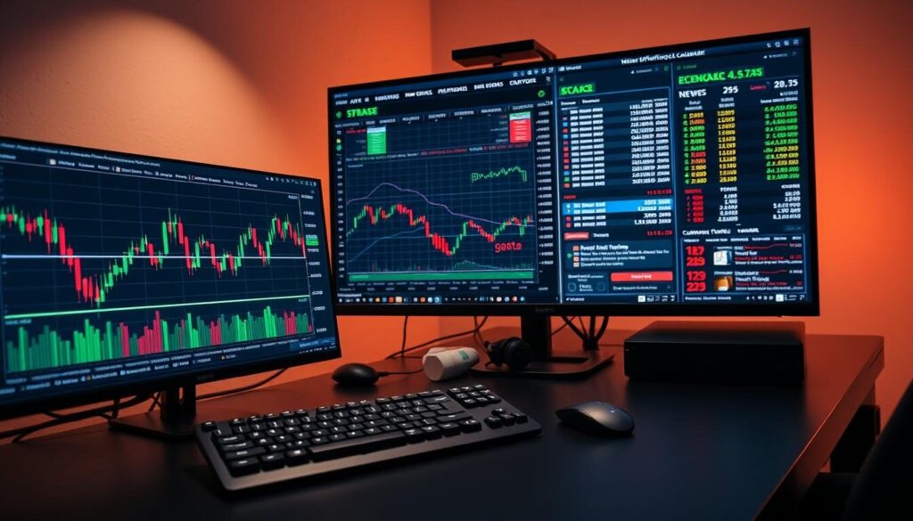 A sleek, professional-looking workstation displaying an array of forex trading tools. In the foreground, a high-resolution trading platform with candlestick charts, technical indicators, and order management panels. In the middle ground, a compact mechanical keyboard and a precision mouse, both in a minimalist design. The background features a large, high-definition monitor displaying real-time market data, news feeds, and economic calendars, all bathed in a warm, indirect lighting that creates a focused, productivity-driven atmosphere. The overall scene conveys the essence of a comprehensive forex trading setup, ready to empower traders with the necessary technology and information to navigate the dynamic currency markets.