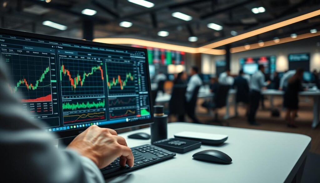A sleek, professional trading desk with two computer screens displaying market data side-by-side. In the foreground, a trader's hands are manipulating charts and financial indicators, highlighting the similarities in technical analysis between CFD and Forex trading. The middle ground features a variety of trading instruments, including currency pairs and CFD tickers, underscoring the shared approaches. The background is slightly blurred, showing a panoramic view of a modern trading floor, with traders focused on their screens, emphasizing the commonalities in the trading environment. Subtle, moody lighting casts a contemplative atmosphere, inviting the viewer to ponder the key similarities in these two dynamic financial markets.