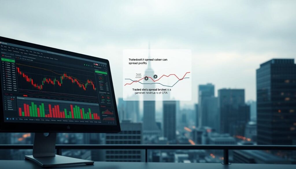 A sophisticated CFD trading dashboard looms in the foreground, its sleek interface displaying real-time market data and trading tools. In the middle ground, a detailed visualization illustrates the impact of spread costs on trader profits, highlighting the mechanics of how CFD brokers can generate revenue. The background features a muted, minimalist cityscape, evoking the fast-paced world of financial markets. The scene is bathed in a warm, professional lighting that emphasizes the technical, analytical nature of the subject matter. The overall composition conveys the complex interplay between trader, broker, and market dynamics that shape the CFD industry's revenue models.