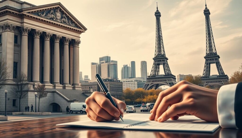 A sophisticated and authoritative image of the AMF (Autorité des Marchés Financiers) regulatory framework in France. The scene depicts a grand neoclassical building with intricate stone facade, symbolizing the strength and stability of the French financial regulatory body. In the foreground, a pair of hands are signing official documents, representing the licensing and authorization process for financial firms. The middle ground features a bustling financial district with modern skyscrapers and stock exchange symbols, conveying the dynamic nature of the regulated marketplace. The background showcases the Eiffel Tower, a iconic Parisian landmark, establishing the French context. The lighting is crisp and professional, with dramatic shadows and highlights emphasizing the gravitas of the regulatory environment. The overall mood is one of trust, transparency and robust oversight of the financial industry.