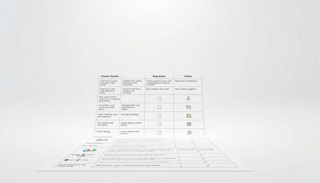 A sophisticated and well-organized broker selection checklist presented on a crisp white background. In the foreground, a clean grid layout displays various evaluation criteria such as licensing, regulation, trading platform, fees, and customer support. The middle ground features icons and subtle infographic elements to visually communicate the key assessment points. The background has a subtle gradient effect, conveying a sense of professionalism and authority. The overall mood is authoritative, organized, and optimized for decision-making, reflecting the expertise required to select a reputable forex broker.
