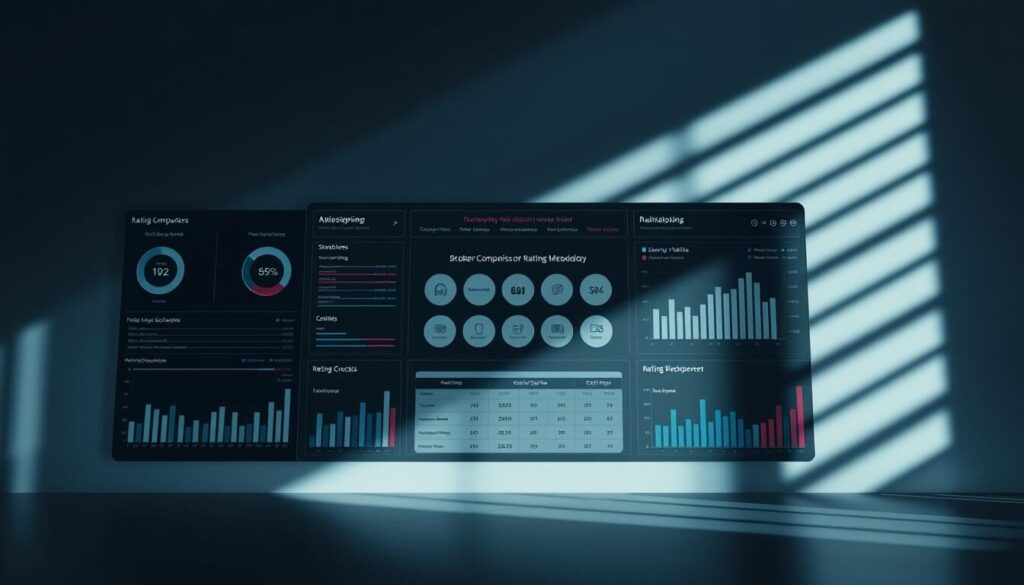 A sophisticated data visualization dashboard against a clean, minimalist background. In the foreground, a series of charts, graphs, and tables showcasing key metrics for broker comparison and rating methodology. The middle ground features a central infographic with a clear, concise breakdown of the rating process. In the background, subtle geometric patterns and a cool color palette evoke a sense of precision and professionalism. Dramatic, directional lighting casts shadows that add depth and dimensionality to the scene. The overall composition conveys a sense of analytical rigor, data-driven decision making, and a commitment to transparency in the broker evaluation process.