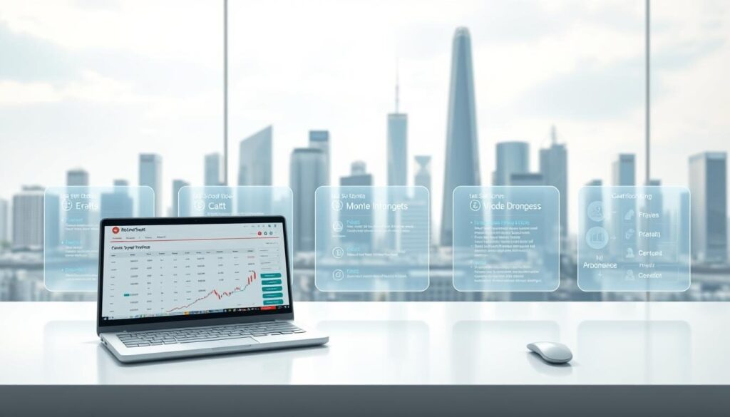 A sophisticated forex brokerage model displayed in an elegant and minimalist 3D rendering. The foreground features a sleek, modern trading platform interface with clean lines and intuitive controls. The middle ground showcases various account types and service offerings, depicted as holographic informational panels. In the background, a serene cityscape with towering skyscrapers conveys an atmosphere of financial prowess and global connectivity. The lighting is soft and directional, creating depth and emphasizing the professionalism and trustworthiness of the brokerage. The camera angle is slightly elevated, giving a sense of authority and expertise.