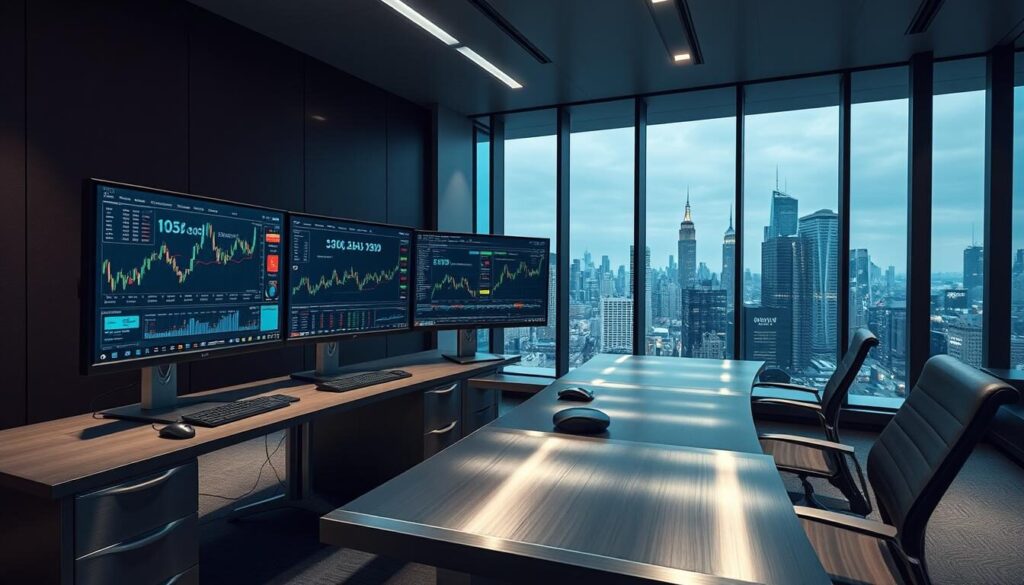 A sophisticated trading desk with an array of high-resolution monitors, each displaying intricate financial data visualizations, real-time charts, and advanced analytics tools. Sleek, minimalist design with brushed metal accents and discrete lighting, creating a sense of technological prowess and professionalism. The desk is situated in a modern, well-appointed office, with floor-to-ceiling windows offering a panoramic view of a bustling cityscape in the background. The overall atmosphere conveys a seamless blend of cutting-edge technology and refined elegance, befitting the needs of a discerning financial professional.