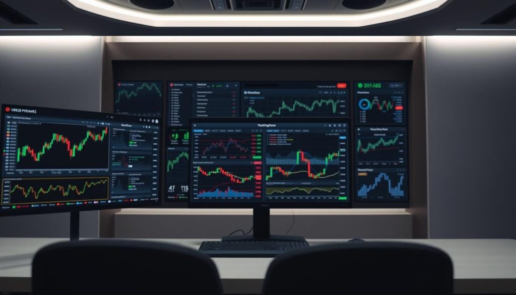 A sophisticated trading platform with a clean, intuitive interface. In the foreground, a series of interactive charts and graphs displaying real-time market data and performance metrics. In the middle ground, a customizable dashboard with advanced analytical tools and order management systems. The background features a sleek, minimalist design with subtle lighting and a neutral color palette, creating a sense of focus and professionalism. The entire scene conveys the power and efficiency of a high-performance trading environment, suitable for serious investors and active traders.