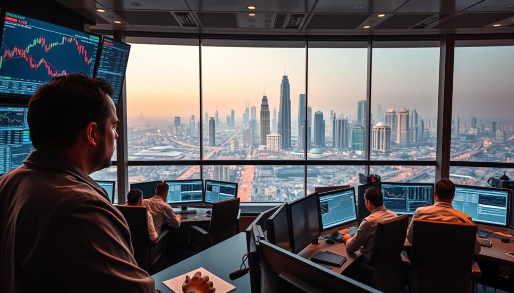 A sophisticated trading room with a panoramic view of the Saudi skyline. The foreground features a professional trader intently studying multiple screens displaying real-time market data and complex trading strategies. The middle ground showcases an array of high-tech trading terminals, each manned by experienced analysts deeply engrossed in their work. The background reveals the vibrant cityscape of Riyadh, with its towering skyscrapers and modern infrastructure, representing the dynamic Saudi financial landscape. The scene is illuminated by a warm, focused lighting that accentuates the concentration and expertise of the traders, creating an atmosphere of strategic decision-making and financial mastery.