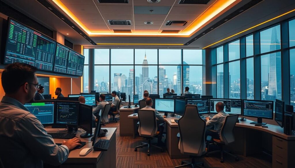 A spacious, state-of-the-art trading floor with multiple high-resolution monitors displaying live market data. The environment is illuminated by warm, indirect lighting, creating a professional and focused atmosphere. In the foreground, a team of skilled traders intently scrutinize charts and order books, their expressions intense as they make informed decisions. The middle ground features modern, ergonomic workstations and sleek, minimalist furniture, while the background showcases a panoramic view of a bustling city skyline through floor-to-ceiling windows, emphasizing the global reach of the ECN trading platform.