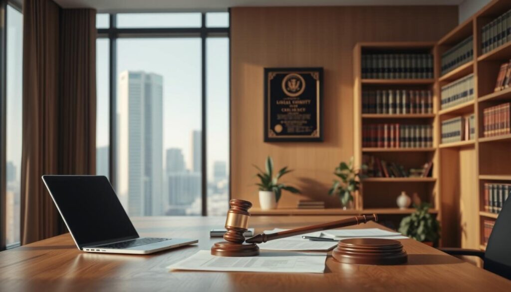 A spacious, well-lit office interior with a large window overlooking a cityscape. In the foreground, a wooden desk with a laptop, some documents, and a gavel, symbolizing the regulatory authority. The middle ground features a wall-mounted plaque with the company's logo and a framed certificate of compliance. The background showcases a bookshelf filled with legal volumes and a potted plant, creating a professional and authoritative atmosphere. The lighting is soft and natural, with a warm color palette that evokes a sense of trust and stability. The overall composition suggests a strong focus on institutional-level regulatory compliance and a commitment to providing a secure environment for clients.