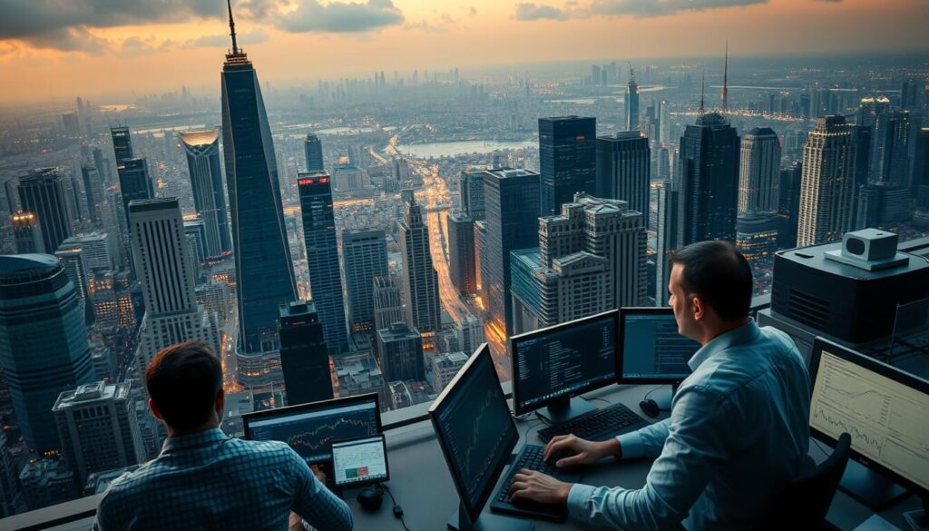 A sprawling cityscape, with towering skyscrapers and a bustling financial district. In the foreground, a team of analysts pore over financial data, laptops open and charts displayed on a large monitor. The lighting is soft and warm, casting a glow over the scene. In the middle ground, a trader sits at a desk, intently watching multiple screens, fingers poised over the keyboard. The atmosphere is one of concentration and intensity, with the hum of activity and the occasional flashing of trading screens. In the background, a complex web of financial transactions and risk management tools can be seen, representing the intricate and sometimes risky nature of the financial markets.