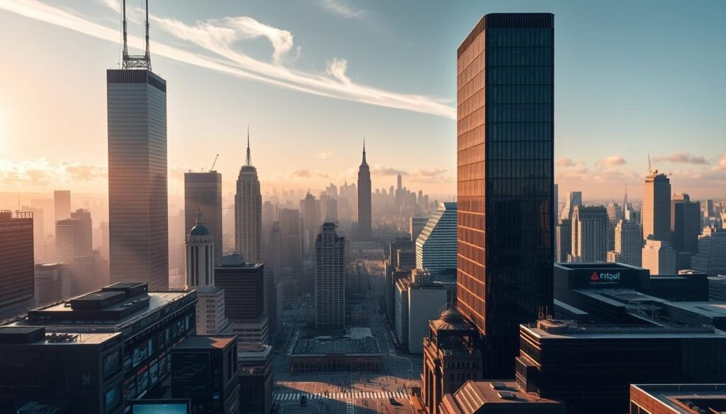 A sprawling financial metropolis, its towering skyscrapers casting long shadows across bustling streets. The scene is bathed in a warm, golden light, creating a sense of energy and vitality. In the foreground, a network of electronic displays and trading terminals, reflecting the ebb and flow of global markets. Beyond, a diverse skyline of architectural styles, blending old and new, symbolizing the interconnectedness of the world's financial systems. Wispy clouds drift overhead, hinting at the ever-changing nature of the markets. The overall atmosphere conveys a sense of opportunity, progress, and the dynamic nature of the global financial landscape.