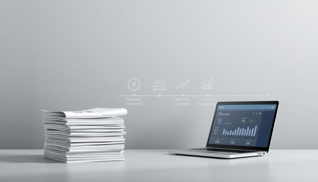 A step-by-step guide to the forex licensing process, illustrated with a clean, minimalist rendering. In the foreground, a stack of documents and a laptop with a financial dashboard, conveying the regulatory paperwork and digital compliance requirements. In the middle ground, an abstract representation of the approval workflow, with symbolic icons for oversight agencies and industry benchmarks. The background is a muted, professional palette, with geometric patterns and subtle gradients suggestive of the complex regulatory landscape. Soft, directional lighting casts a sense of focus and seriousness, while the overall composition maintains a sleek, modern aesthetic.