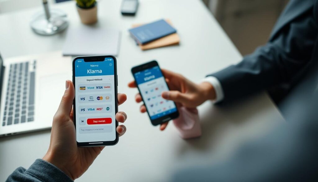 A step-by-step visual guide to Klarna deposit methods. In the foreground, a sleek mobile device displays the Klarna interface, with clear icons and options for various payment methods. The middle ground showcases hands interacting with the device, guiding the user through the deposit flow. The background features a clean, minimalist workspace with a laptop, notepad, and other office supplies, creating a professional, informative atmosphere. The lighting is soft and diffused, highlighting the key details while maintaining a sophisticated ambiance. The camera angle is positioned at a slight birds-eye view, providing a clear, unobstructed view of the process.