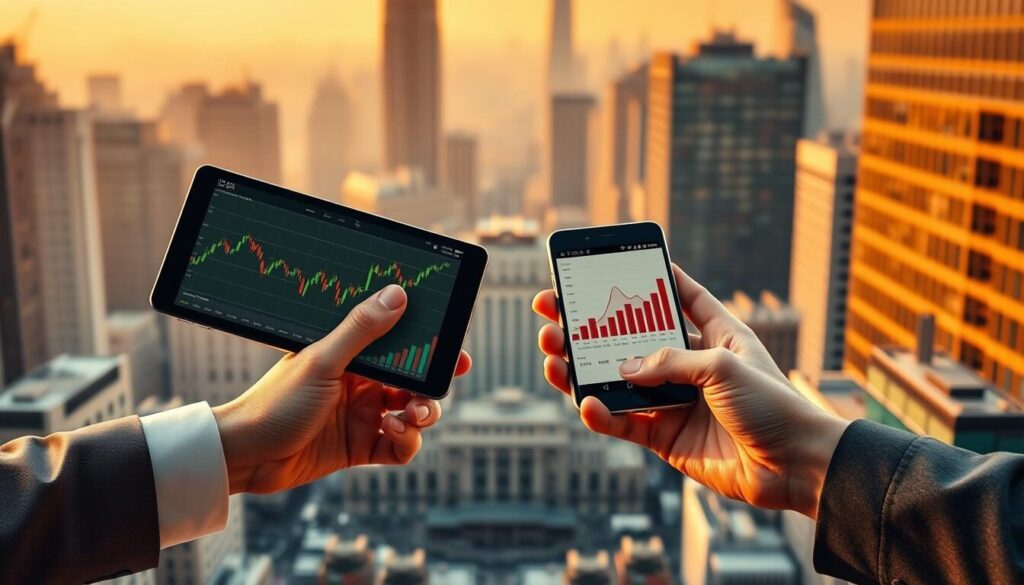A strategic comparison of Forex trading and affiliate marketing, set against a backdrop of a bustling financial district. In the foreground, two hands, one holding a currency chart and the other a mobile device showcasing affiliate marketing analytics, symbolizing the juxtaposition of these two distinct revenue streams. The middle ground features a cityscape with towering skyscrapers, reflecting the high-stakes nature of both industries. Warm, golden lighting bathes the scene, creating a sense of professional sophistication. The composition is balanced, with the two hands positioned in a dynamic, almost mirrored stance, inviting the viewer to contemplate the relative merits of each pursuit.