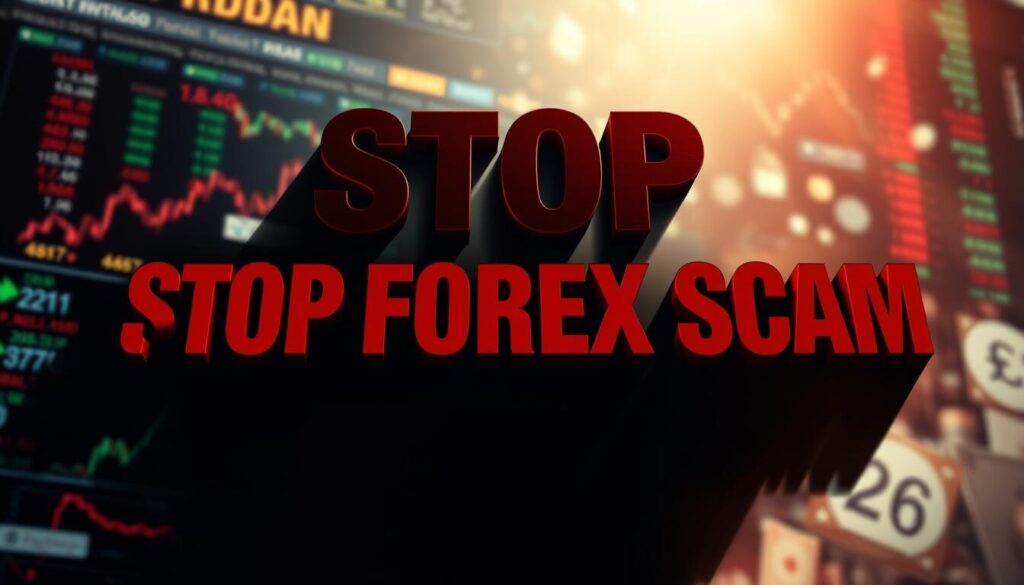 A striking and impactful illustration depicting a bold "STOP FOREX SCAM" message in the foreground. The text appears in a bold, high-contrast font, casting strong shadows and highlights that convey a sense of urgency and seriousness. The background features a blurred, chaotic scene of financial charts, stock tickers, and currency symbols, hinting at the complexity and deception of the forex scam being targeted. The lighting is dramatic, with dramatic shadows and highlights that add depth and drama to the composition. The overall mood is one of warning, caution, and a resolute stance against financial fraud.