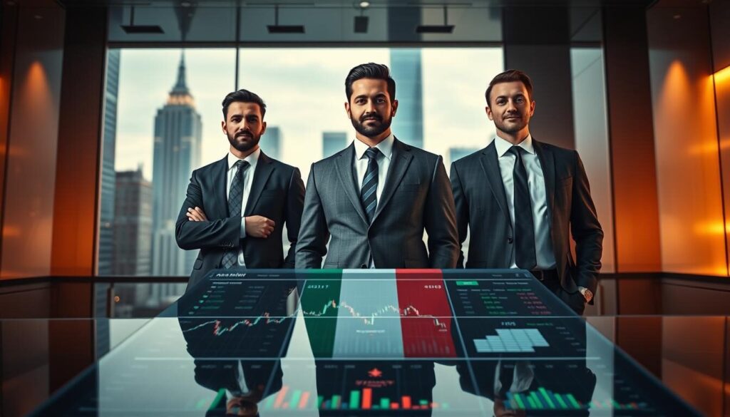 A striking and professional image of the top forex brokers in Italy, captured with a high-resolution lens in a sleek, modern setting. The foreground features three renowned forex brokers, dressed in sharp business attire, standing confidently against a backdrop of skyscrapers and the Italian flag. The middle ground showcases a trading dashboard with real-time market data, while the background is illuminated by warm, directional lighting, creating a sense of dynamism and authority. The overall mood conveys the reliability, expertise, and global reach of Italy's leading forex brokers.