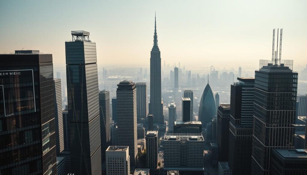 A striking cityscape of the top EU trading platforms, captured in a dynamic, cinematic style. In the foreground, the imposing façades of sleek, modern financial centers stand tall, their glass and steel structures reflecting the vibrant energy of bustling trading floors. The middle ground features a network of interconnected towers, symbolizing the intricate web of international commerce. In the background, a hazy skyline stretches out, hinting at the global reach of these influential financial hubs. Soft, directional lighting casts dramatic shadows, creating a sense of depth and grandeur. The overall composition conveys the power, sophistication, and technological prowess of the leading EU trading platforms.