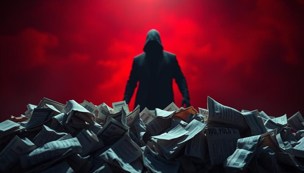 A striking illustration of investment red flags, captured in a vivid, realistic style. In the foreground, a pile of crumpled financial documents and discarded stock tickers, conveying a sense of chaos and uncertainty. In the middle ground, a looming, ominous shadow - a metaphor for the hidden dangers and risks that can lurk in the world of online trading. The background is shrouded in a deep, foreboding red hue, creating a sense of urgency and caution. The lighting is dramatic, with sharp contrasts and harsh shadows, emphasizing the gravity of the situation. The overall composition is well-balanced, drawing the viewer's attention to the key elements that signify the potential pitfalls of online trading.