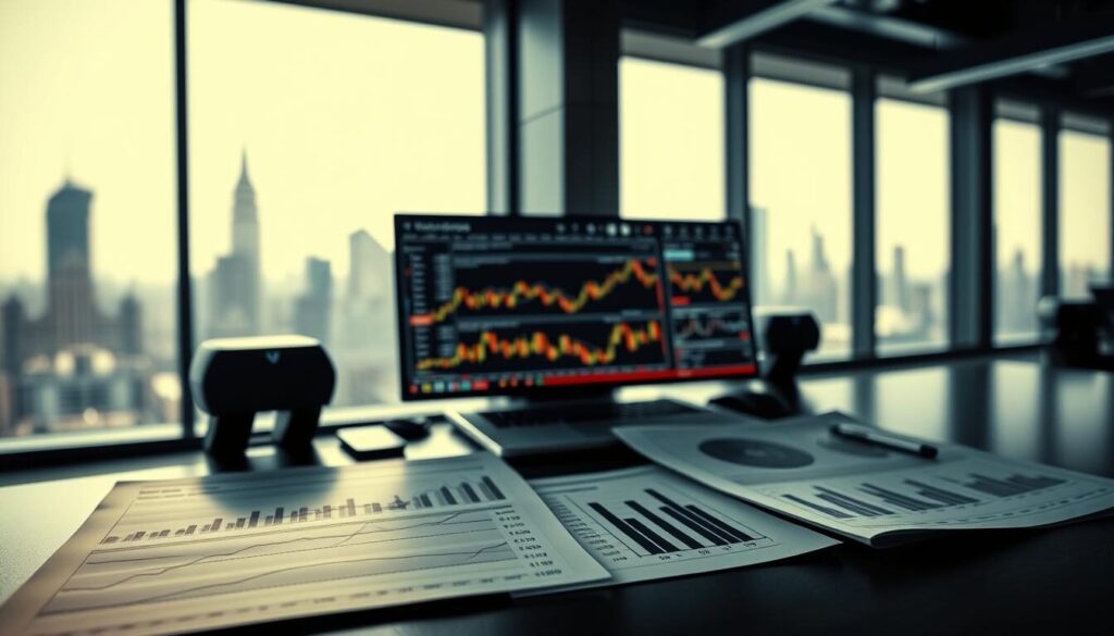 A stylish, high-contrast image of a forex trading desk. In the foreground, a crisp set of financial charts and graphs, meticulously constructed to visualize key capital requirements. The middle ground features a sophisticated laptop setup, complete with sleek monitors displaying live market data. In the background, a blurred cityscape peers through large windows, hinting at the global scale of the forex market. The lighting is dramatic, with bold shadows and highlights accentuating the technical details. The overall tone is one of precise, disciplined control - a reflection of the challenges and demands of trading without leverage.