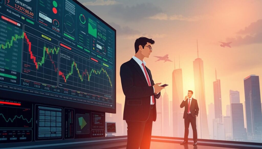 A stylized digital illustration depicting a hybrid brokerage model in the foreign exchange (forex) industry. In the foreground, a dynamic interface showcases trading tools, order books, and real-time market data. In the middle ground, two figures, a trader and a broker, collaborate closely, highlighting the synergy between human expertise and technological automation. The background features a cityscape with towering skyscrapers, symbolizing the global, interconnected nature of the forex market. The scene is bathed in a warm, ambient lighting, conveying a sense of innovation, efficiency, and the seamless integration of human and machine in the modern brokerage landscape.