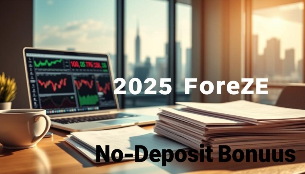 A sunlit office desk with a laptop displaying various forex trading charts and graphs. In the foreground, a stack of documents and a cup of coffee, symbolizing the financial analysis and research required for successful forex trading. In the middle ground, several stacks of paper with the text "2025 Forex No-Deposit Bonuses" prominently featured, highlighting the key topic of the image. The background features a blurred view of a bustling city skyline, conveying the global nature of the forex market. The lighting is warm and natural, creating a professional and productive atmosphere. The overall composition emphasizes the importance of research, analysis, and access to valuable trading opportunities, such as no-deposit bonuses, in the forex market of the future.