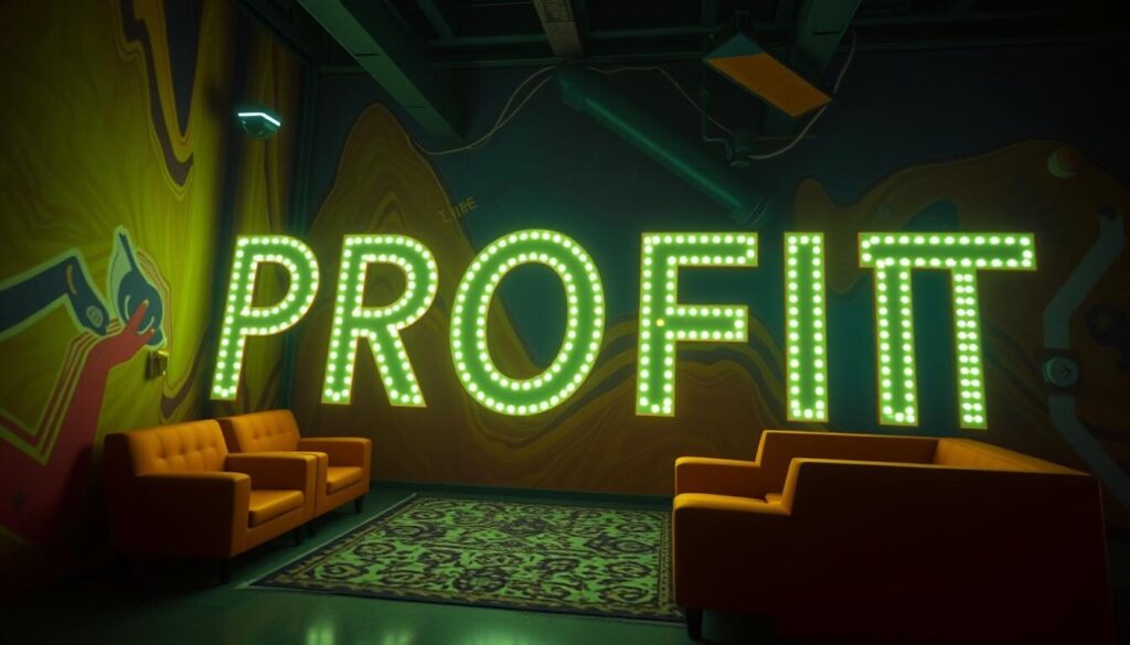 A surreal, unsettling advertisement with an exaggerated, unrealistic profit claim plastered across a vibrant, eye-catching background. The claim is rendered in a bold, neon-like typeface that seems to leap off the frame, creating a sense of false promise and deception. The overall composition evokes a feeling of skepticism and caution, hinting at the manipulative tactics used by unscrupulous forex brokers to lure unsuspecting victims. The scene is bathed in an eerie, unnatural lighting that adds to the sense of unease, emphasizing the disconnect between the grand claims and the darker reality they conceal.