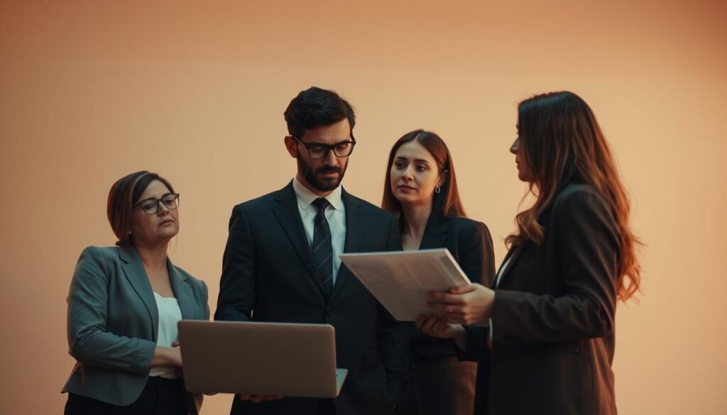 A team of business professionals deeply engaged in a thoughtful discussion, weighing the pros and cons of a financial strategy against a clean, minimalist background. The scene is illuminated by warm, diffused lighting, creating a contemplative atmosphere. The figures' poses and facial expressions convey a sense of concentration and careful consideration. The overall composition is balanced, drawing the viewer's eye to the central decision-making process. Details like suits, laptops, and documents suggest a corporate setting, while the lack of extraneous elements maintains a focus on the core evaluation taking place.