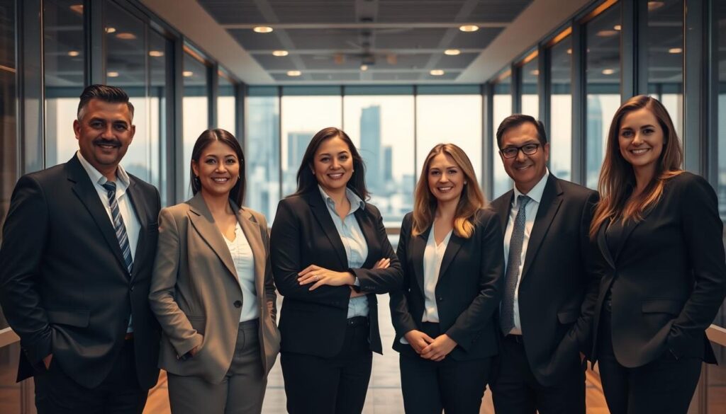 A team of professional real estate brokers standing in a modern office lobby, facing the camera with friendly, confident expressions. Ambient lighting casts a warm glow, accentuating their smart, tailored business attire. In the background, sleek glass walls offer a glimpse of an urban skyline. The brokers are poised and ready to assist clients, their body language conveying expertise and approachability. The scene evokes a sense of professionalism, specialization, and niche market knowledge.